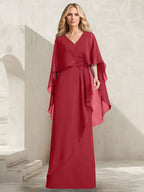 A-Linien-Kleid aus Chiffon mit V-Ausschnitt, bodenlang, mit Kaskadenrüschen und Perlenstickerei für die Mutter der Braut. 