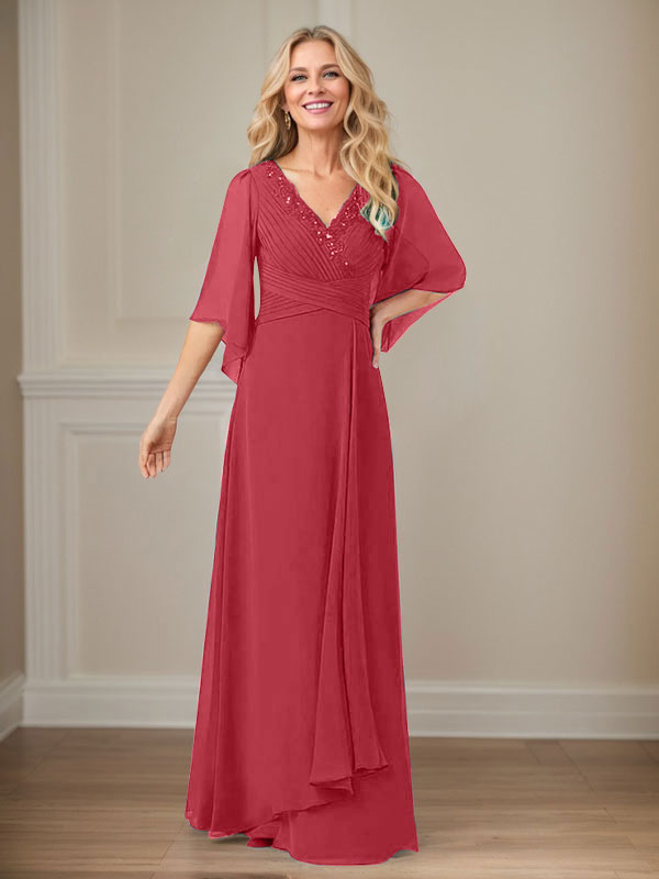 Langes Pailletten-Chiffon-Kleid in A-Linie mit V-Ausschnitt für die Mutter
