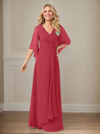 Langes Pailletten-Chiffon-Kleid in A-Linie mit V-Ausschnitt für die Mutter
