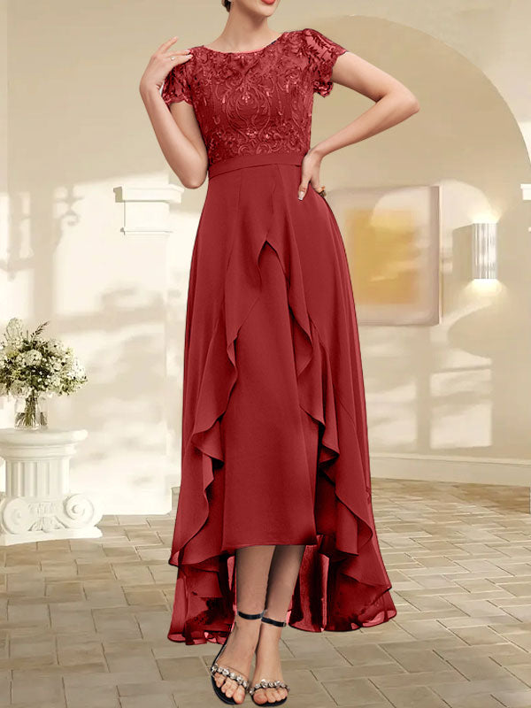 A-Linien-Kleid mit asymmetrischem Chiffon-Spitzenausschnitt, Schleife, Rüschen und Pailletten für die Mutter der Braut 