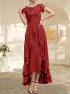 A-Linien-Kleid mit asymmetrischem Chiffon-Spitzenausschnitt, Schleife, Rüschen und Pailletten für die Mutter der Braut 