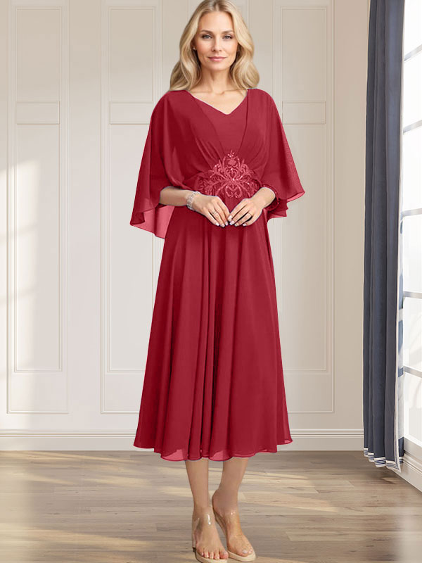 A-Linien-Kleid aus Chiffon mit V-Ausschnitt, Teelänge, plissierten Paillettenapplikationen und Perlenstickerei für die Mutter der Braut 