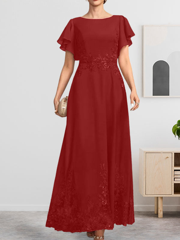 A-Linien-Kleid mit Rundhalsausschnitt, knöchellang, aus Spitze und Chiffon, mit Pailletten besetzt
