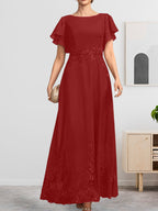 A-Linien-Kleid mit Rundhalsausschnitt, knöchellang, aus Spitze und Chiffon, mit Pailletten besetzt