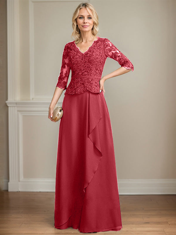 Vestido de gasa con encaje y escote en V hasta el suelo para madre de la novia con volantes en cascada y lentejuelas 