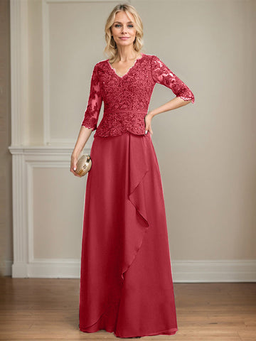 A-Linien-Kleid aus Chiffon mit V-Ausschnitt, bodenlang, mit Spitze, Kaskadenrüschen und Pailletten für die Mutter der Braut 