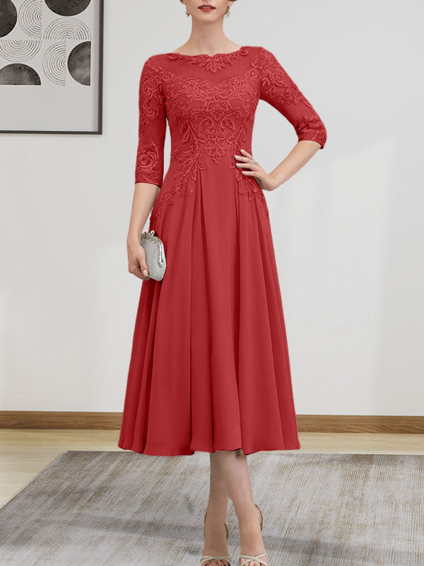 A-Linien-Kleid mit U-Boot-Ausschnitt, Illusion-Detail, Teelänge, Chiffonspitze, Perlenstickerei und Pailletten für die Mutter der Braut