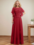 A-Linien-Kleid mit Rundhalsausschnitt, Illusion-Effekt, bodenlang, aus Chiffon und Spitze mit Pailletten – das perfekte Brautmutterkleid 