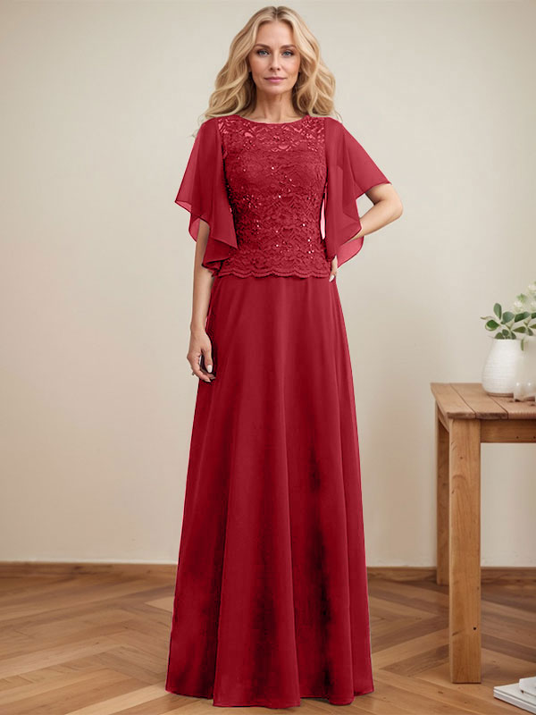 Vestido de madre de la novia de gasa con encaje, ilusión, largo hasta el suelo, corte A y lentejuelas 