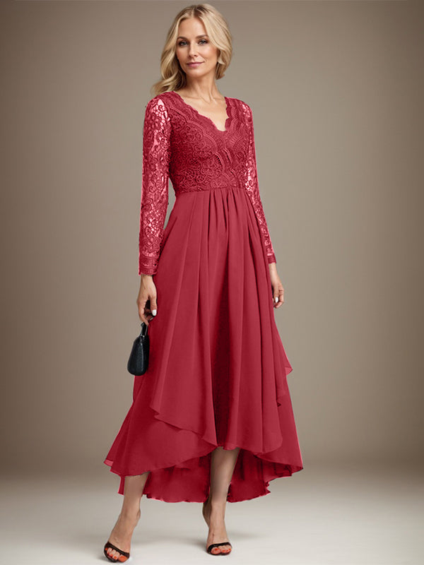 Vestido de gasa con encaje asimétrico y escote en V para madre de la novia 