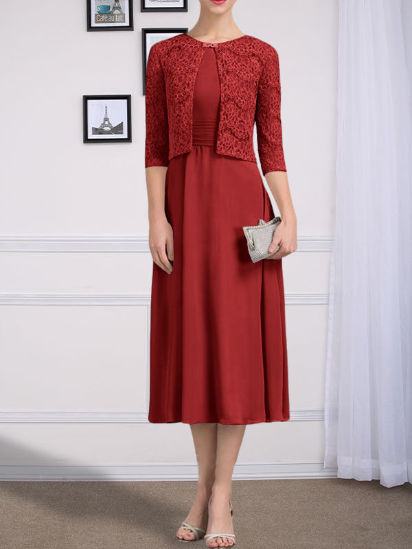 Vestido de gasa para madre de la novia, corte A, escote redondo, largo hasta la rodilla, con pliegues