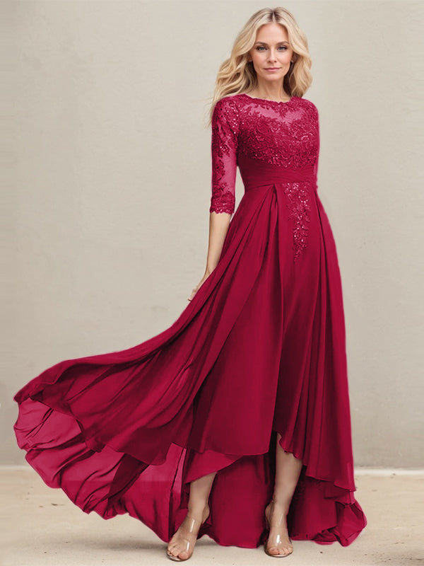 A-Linien-Kleid mit asymmetrischem Ausschnitt, Illusion-Effekt, Spitze und Chiffon, verziert mit plissierten Pailletten, ideal für die Mutter der Braut 