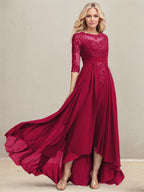 A-Linien-Kleid mit asymmetrischem Ausschnitt, Illusion-Effekt, Spitze und Chiffon, verziert mit plissierten Pailletten, ideal für die Mutter der Braut 