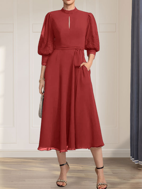 A-Linien-Kleid aus Chiffon mit hohem Kragen, Teelänge und Spitze für die Mutter der Braut, verziert mit einer Schleife
