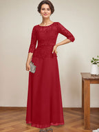 A-Linien-Kleid mit U-Boot-Ausschnitt, Illusion-Detail, knöchellang, aus Chiffon und Spitze mit Strassperlen für die Mutter der Braut. 