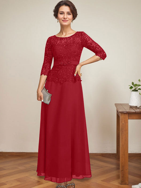 Vestido de gasa con encaje y escote ilusión hasta los tobillos para madre de la novia con cuentas de diamantes de imitación 