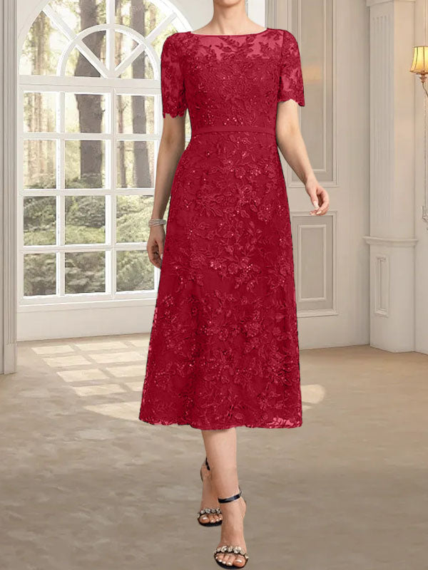 A-Linien-Kleid mit Rundhalsausschnitt, Illusion-Ausschnitt, Teelänge, Spitze und Pailletten für die Mutter der Braut
