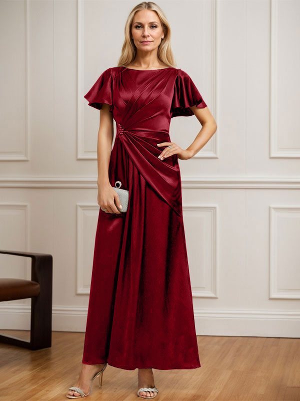 Vestido de madre de la novia de satén elástico con escote redondo y largo hasta los tobillos, corte en A y cuentas plisadas 