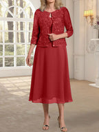 Vestido de gasa con encaje y lentejuelas para madre de la novia, corte A, escote redondo y largo hasta la rodilla 