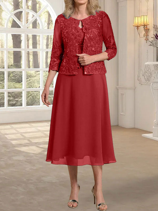 Vestido de gasa con encaje y lentejuelas para madre de la novia, corte A, escote redondo y largo hasta la rodilla 