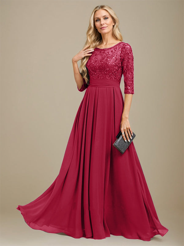 A-Linien-Kleid aus Chiffon mit Paillettenapplikationen und Rundhalsausschnitt, bodenlang, für die Mutter der Braut 