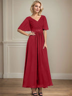 A-Linien-Chiffonkleid mit V-Ausschnitt, Knöchellänge, plissierten Pailletten und Perlenstickerei für die Mutter der Braut