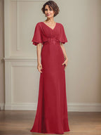 A-Linien-Kleid aus Chiffon mit V-Ausschnitt, bodenlang, für die Mutter der Braut, mit plissierten Paillettenapplikationen und Spitze