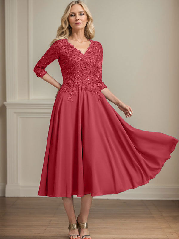 Vestido de gasa con encaje y escote en V, largo hasta la rodilla, para madre de la novia, con lentejuelas y abalorios 