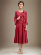 Vestido de gasa con encaje y lentejuelas para madre de la novia, corte A, escote redondo y largo hasta la rodilla 