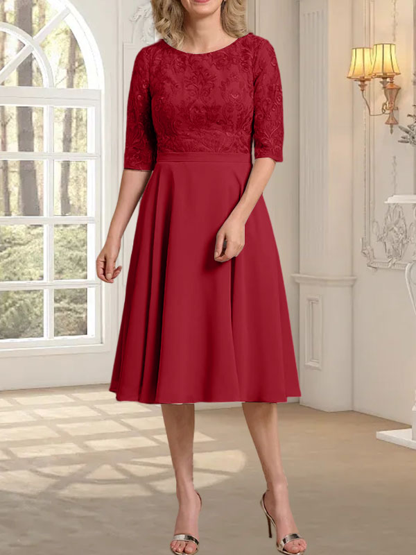 A-Linien-Kleid aus Chiffon mit Rundhalsausschnitt und knielangem Schnitt – das perfekte Kleid für die Mutter der Braut