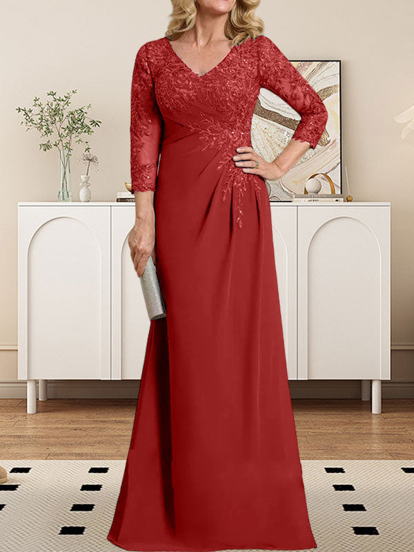 Vestido de madre de la novia de gasa con encaje, escote en V, ilusión, largo hasta el suelo, con lentejuelas plisadas 