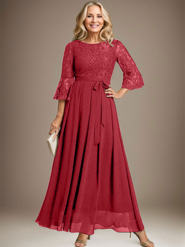 A-Linien-Kleid aus Chiffon mit Rundhalsausschnitt und Schleife, knöchellang, für die Mutter der Braut