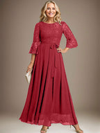 A-Linien-Kleid aus Chiffon mit Rundhalsausschnitt und Schleife, knöchellang, für die Mutter der Braut