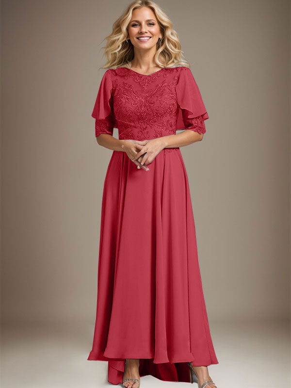 A-Linien-Kleid mit asymmetrischem Chiffon-Spitzenausschnitt und Perlenstickerei für die Mutter der Braut. 