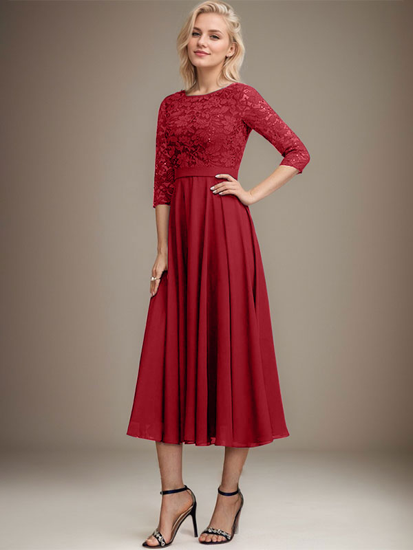 A-Linien-Kleid mit Rundhalsausschnitt, Teelänge, Spitze, Chiffon, Pailletten, für die Mutter der Braut