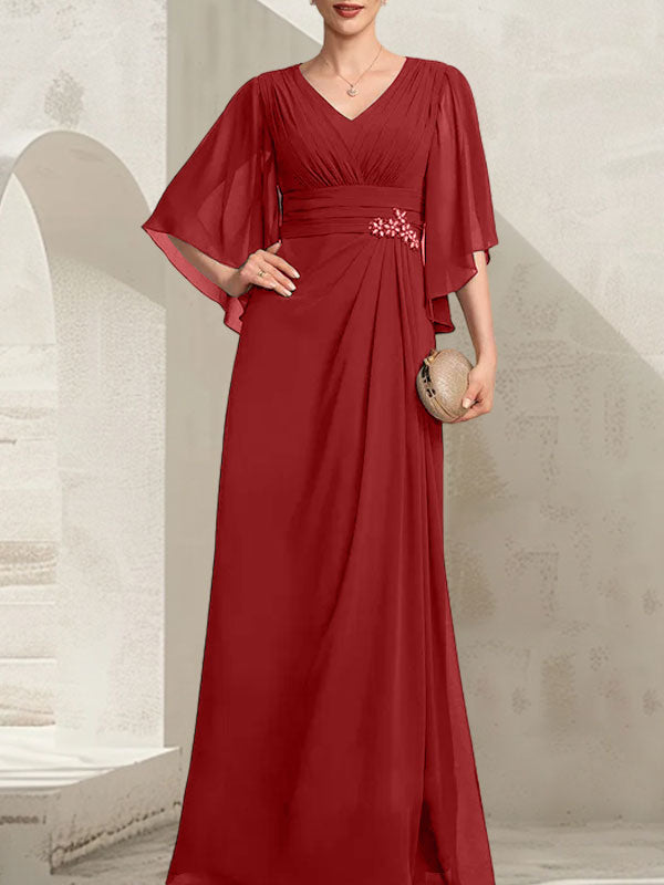 Vestido de gasa para madre de la novia, con escote en V, largo hasta el suelo, con lentejuelas plisadas y abalorios.