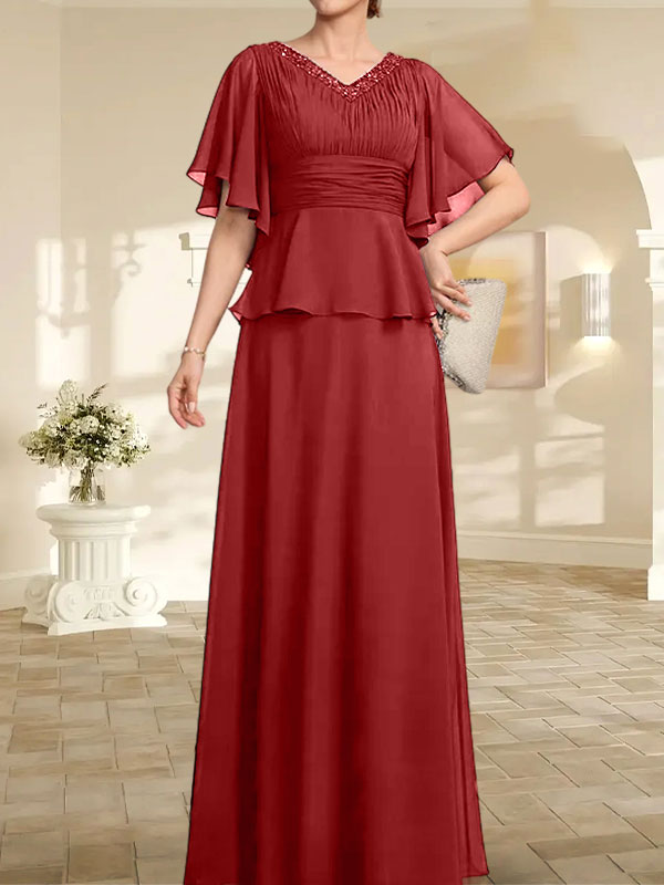 Vestido de gasa para madre de la novia, corte A, escote en V, largo hasta el suelo, con cuentas plisadas
