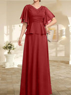 Vestido de gasa para madre de la novia, corte A, escote en V, largo hasta el suelo, con cuentas plisadas