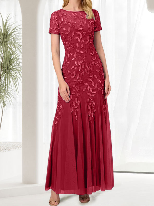 Langes, blaues Meerjungfrauenkleid mit Rundhalsausschnitt und Perlenstickerei für die Mutter der Braut