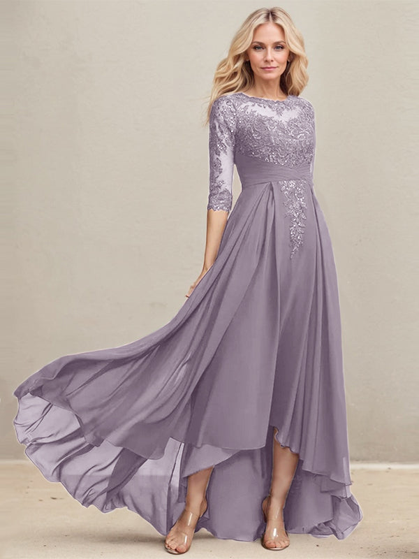 Vestido de madre de la novia de gasa con encaje asimétrico, ilusión, corte A y lentejuelas plisadas 