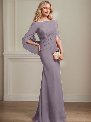 Vestido de gasa para madre de la novia con escote barco, corte trompeta/sirena, largo hasta el suelo, con pliegues 