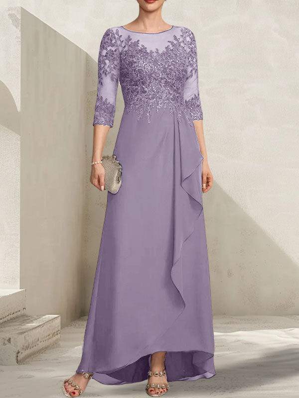 A-Linien-Kleid mit asymmetrischem, transparentem Chiffon-Spitzenausschnitt, Pailletten und Kaskadenrüschen für die Mutter der Braut