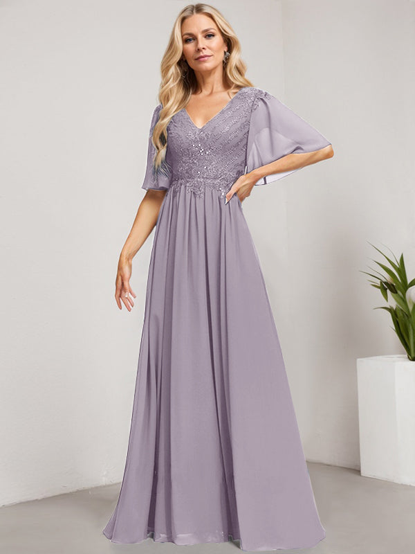 A-Linien-Kleid aus Chiffon mit V-Ausschnitt, bodenlang, mit Pailletten besetzt – ideal für die Mutter der Braut 