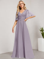 A-Linien-Kleid aus Chiffon mit V-Ausschnitt, bodenlang, mit Pailletten besetzt – ideal für die Mutter der Braut 