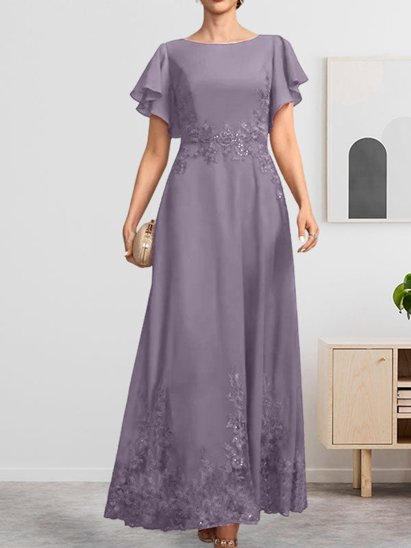 A-Linien-Kleid mit Rundhalsausschnitt, knöchellang, aus Spitze und Chiffon, mit Pailletten besetzt
