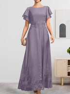 A-Linien-Kleid mit Rundhalsausschnitt, knöchellang, aus Spitze und Chiffon, mit Pailletten besetzt