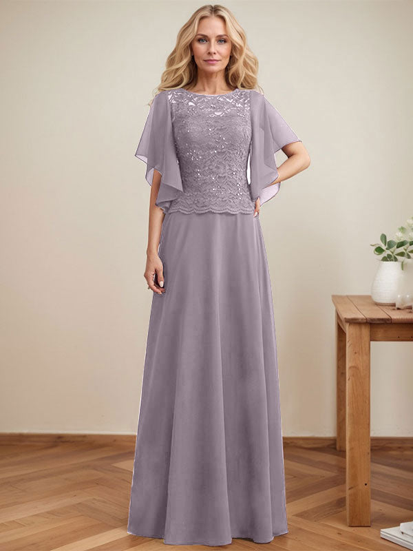 A-Linien-Kleid mit Rundhalsausschnitt, Illusion-Effekt, bodenlang, aus Chiffon und Spitze mit Pailletten – das perfekte Brautmutterkleid 