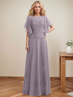 A-Linien-Kleid mit Rundhalsausschnitt, Illusion-Effekt, bodenlang, aus Chiffon und Spitze mit Pailletten – das perfekte Brautmutterkleid 