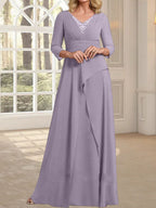 A-Linien-Kleid aus Chiffon mit V-Ausschnitt, bodenlang, für die Mutter der Braut, mit plissierter Perlenstickerei
