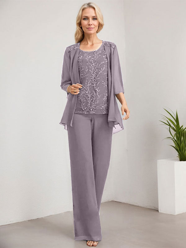 Zweiteiliger Jumpsuit/Hosenanzug, bodenlanges Chiffon-Kleid mit Spitze und Pailletten für die Mutter der Braut